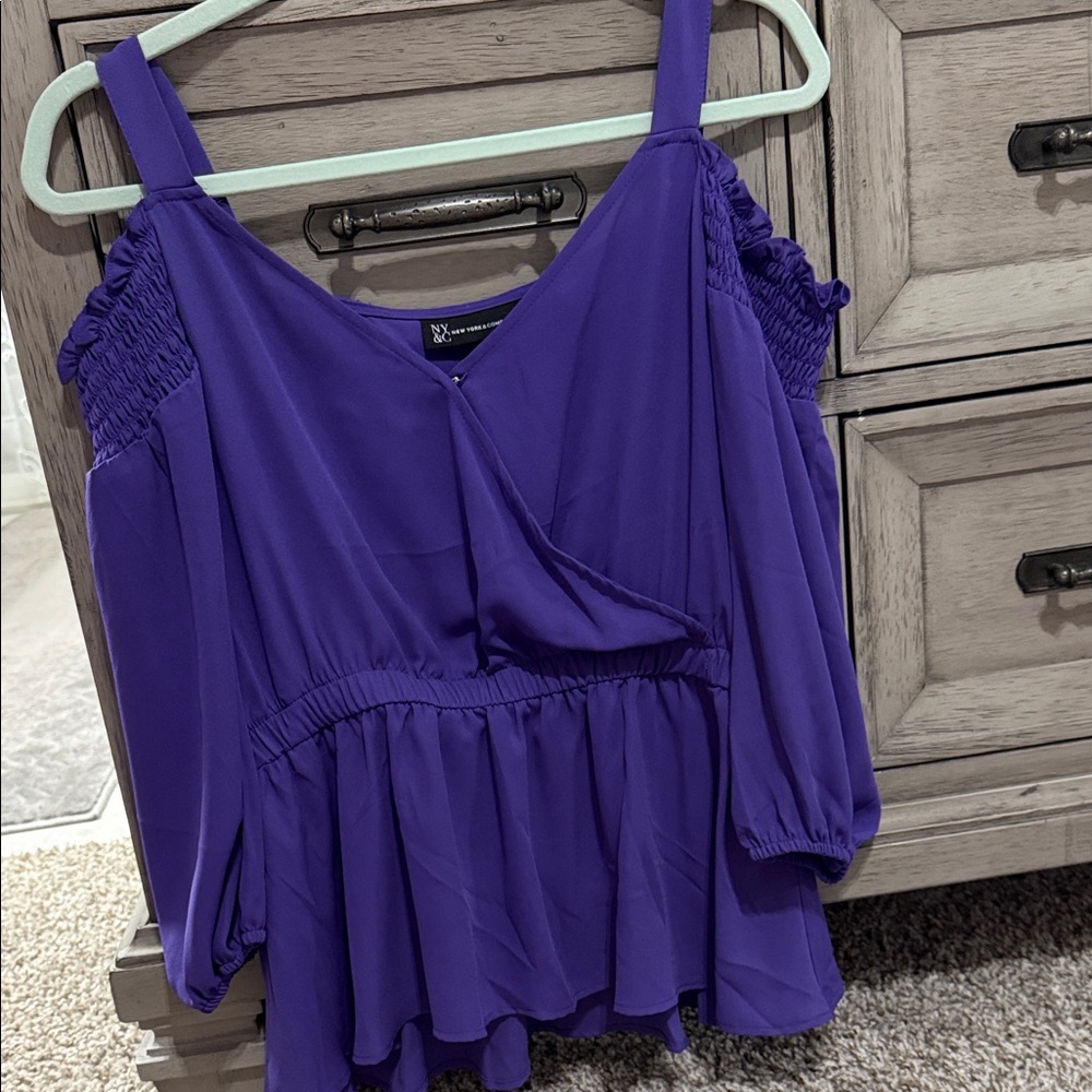New York & Company Royal Purple Cold-Shoulder Peplum Top